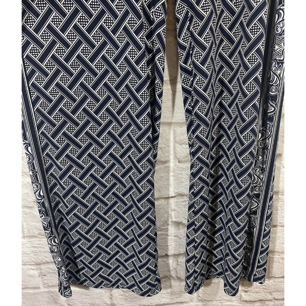 WHITE HOUSE BLACK MARKET Navy Blue White Basket Weave Pull On Wide Leg Pants M - Picture 5 of 12